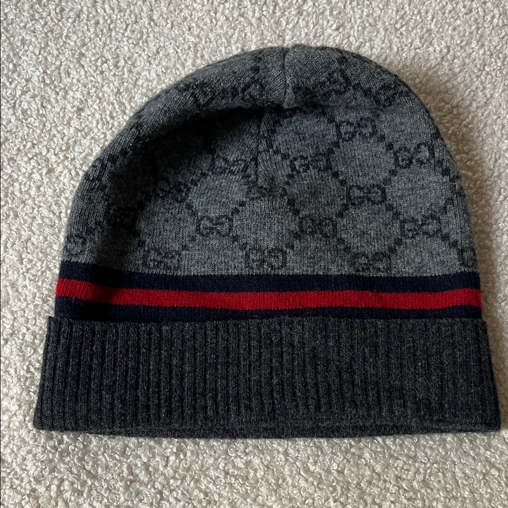 Gucci Dark Gray Beanie with Red and Blue Accents